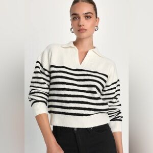 Pleasant Comfort White and Black Striped Collared Sweater